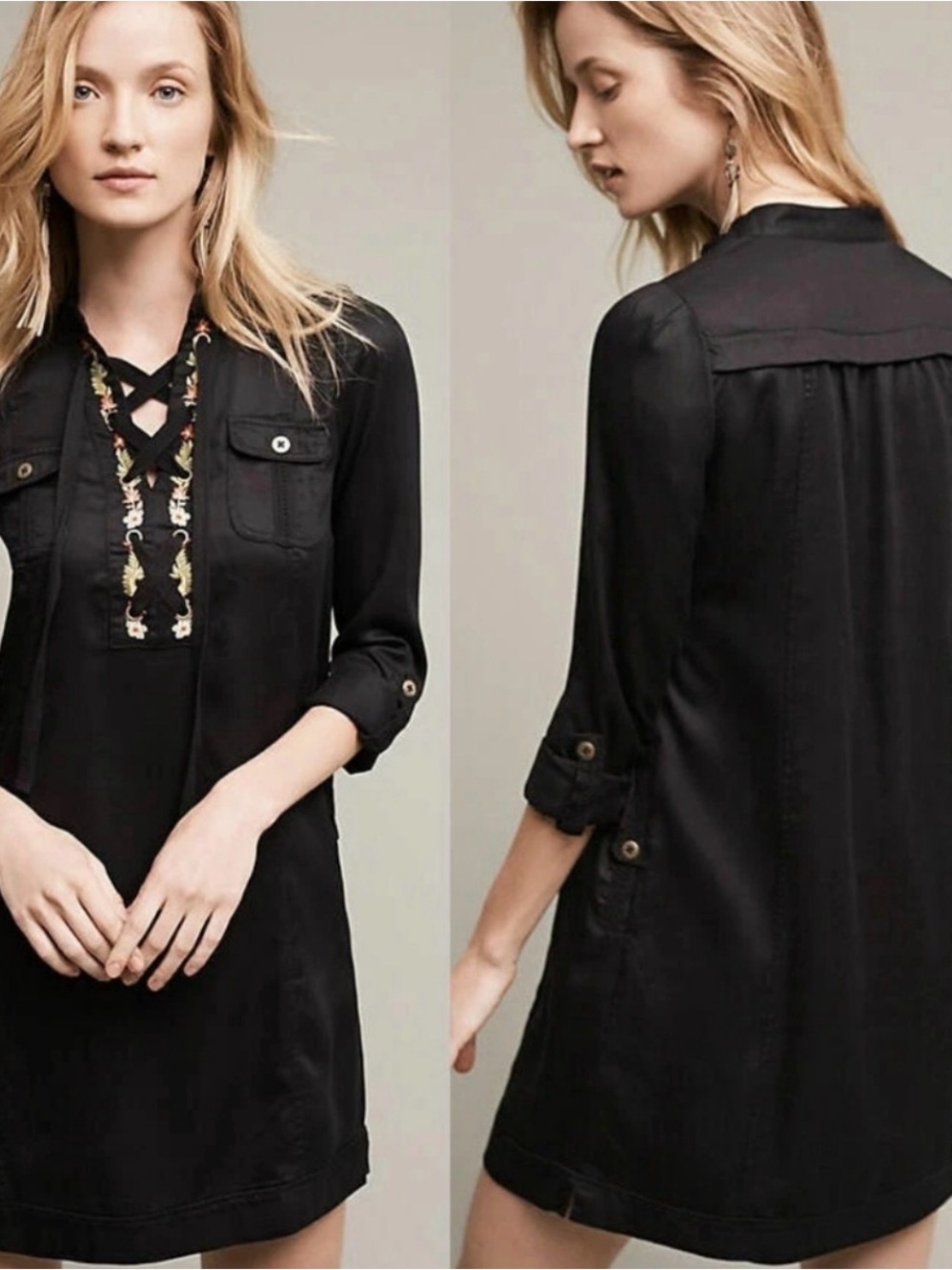 Anthropologie Holding Horses Imogen Embroidered Shirt Dress Black Sz 4